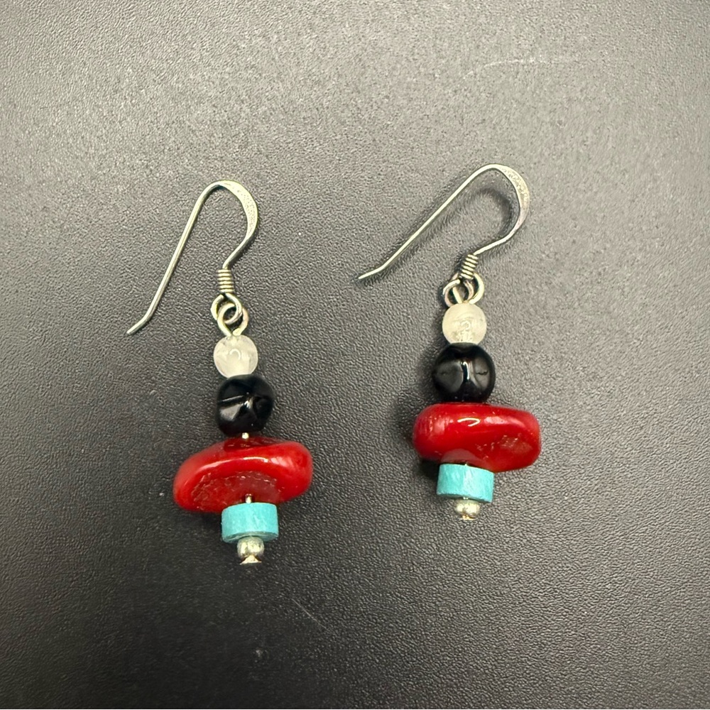 Red and Turquoise Beaded Silver Tone Dangle Southwestern Style Earrings